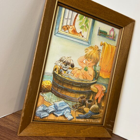 Vintage 1960's framed Wall Plaques Little Boy, Dog, Bathing-Liddle Gregor - Picture 1 of 8